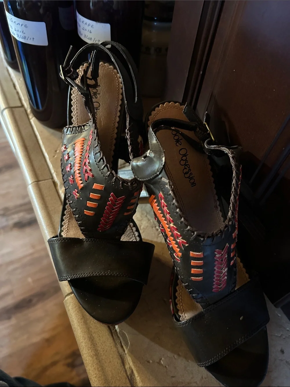 Black Embroidered Wedge Sandals with Colorful Accent
